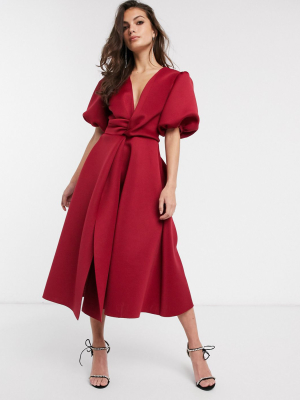 Asos Design Bubble Sleeve Twist Detail Midi Prom Dress In Deep Red