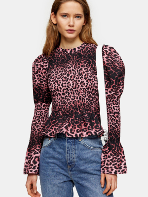 Pink Leopard Print Shirred Blouse