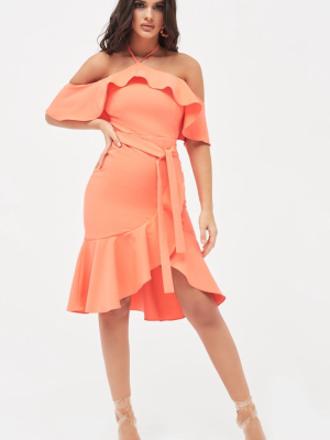 Bardot Frill Halterneck Midi Dress In Neon Coral