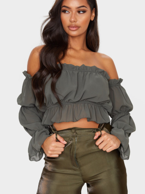 Khaki Woven Ruffle Bardot Flared Sleeve Blouse