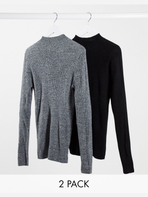 Asos Design 2-pack Knitted Rib Turtleneck Sweater In Black And Black/white Twist