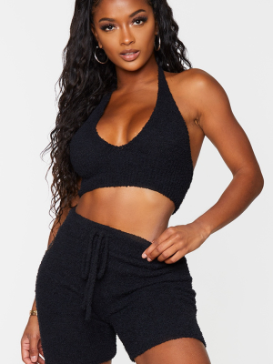 Shape Black Fluffy Knit Halterneck Crop Top