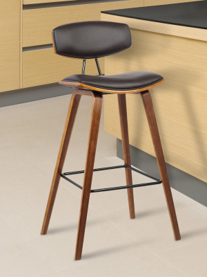 26" Fox Mid-century Counter Height Barstool In Brown Faux Leather With Walnut Wood - Armen Living