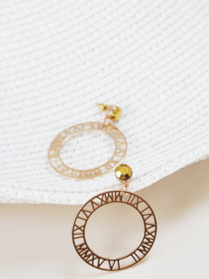 Gold Circular Roman Numeral Drop Earrings