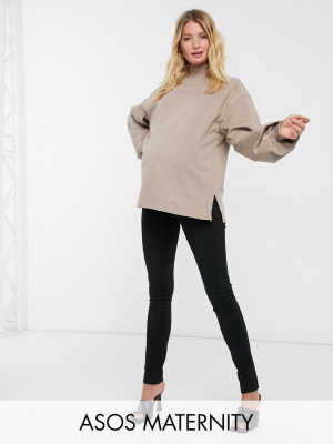 Asos Design Maternity Mix & Match Oversized Lightweight Sweatshirt Co-ord With Turtleneck And Seam Detail In Mushroom