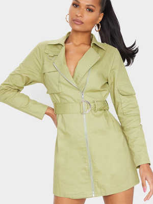 Khaki Woven Zip Detail Belted Shirt Dress