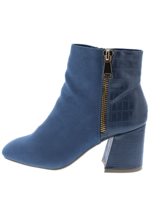 Moody03 Blue Faux Croc Angled Heel Ankle Boot