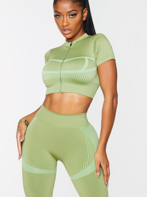 Shape Khaki Seamless Zip Detail Crop Top