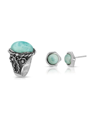 Larimar Braided Ring + Abstract Larimar Earrings