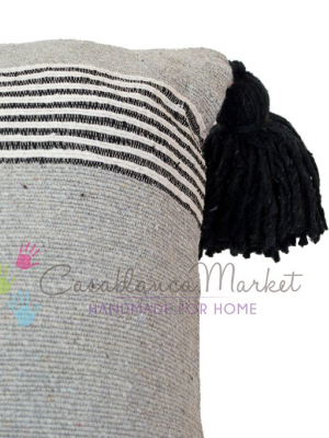 Moroccan Pom Pom Pillow, Black And White Stripes On Gray