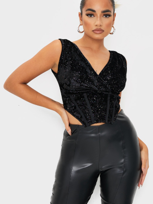 Petite Black Glitter Velvet Corset Crop Top