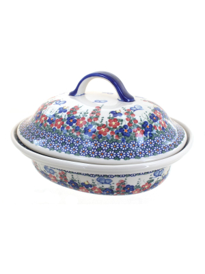 Blue Rose Polish Pottery Garden Butterfly Oval Baker With Lid