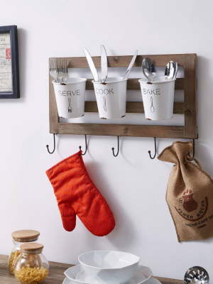 Hanging Storage Utensil With Hooks And Distressed Wood White - Danya B.