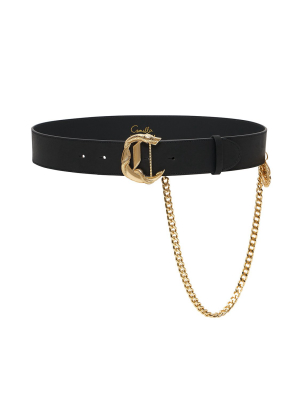 C Buckle Leather Belt With Chain Solid Black