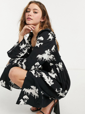 Never Fully Dressed Square Neck Smock Midi Dress In Horse Print