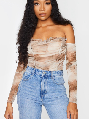 Nude Smoke Printed Mesh Ruched Bardot Bodysuit