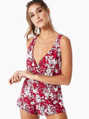 Goddess Gang Deep V Romper - Antigua Red Floral Print