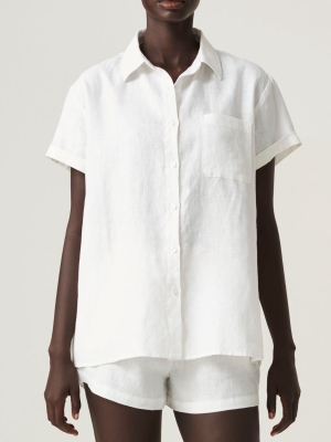 100% Linen Short Sleeve Shirt In White