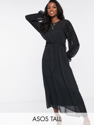 Asos Design Tall Batwing Midi Dress With Drawstring Waist In Dobby In Black