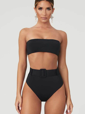 Belted High Waisted Bandeau Bikini Swimsuit - Two Piece Set