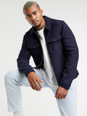 Asos Design Wool Mix Harrington Shacket In Navy