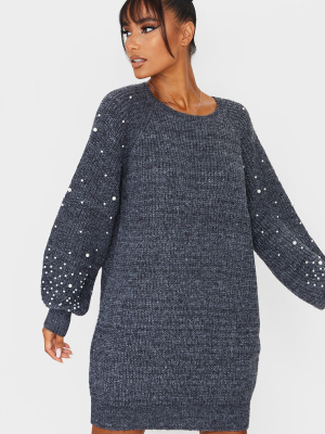 Black Scattered Pearl Sleeve Sweater Dress