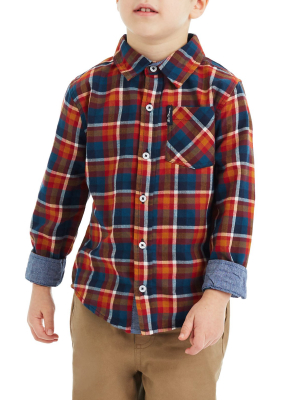 Boys' Orange/blue Long-sleeve Plaid Button-down Shirt (sizes 4-7)