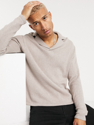 Asos Design Cotton Oversized Polo Revere Sweater In Putty