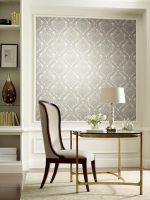 Tattersall Damask Wallpaper In Silver And Grey By Antonina Vella For York Wallcoverings