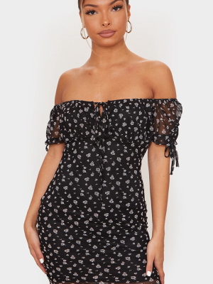 Black Floral Print Mesh Tie Front Bodycon Dress