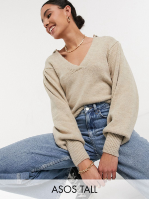 Asos Design Tall Sweater With Open Collar Detail In Oatmeal