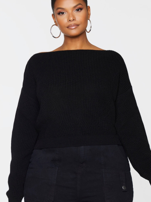 Plus Black Knitted Slash Neck Crop Sweater