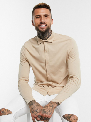 Asos Design Organic Muscle Fit Long Sleeve Jersey Shirt In Beige