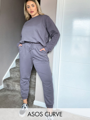 Asos Design Curve Tracksuit Ultimate Sweat / Jogger With Tie In Organic Cotton In Slate