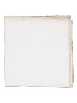 White Linen Pocket Square With Tan Border