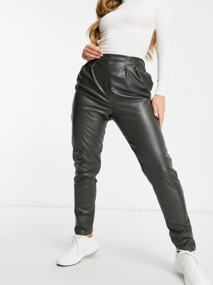 Asos Design Jersey Leather-look Tapered Trousers In Forest Green