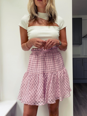 Candy Pink Check Shirred Mini Skirt