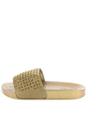 Fluff03 Gold Laser Cut Flat Platform Slide On Sandal