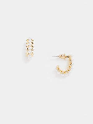 Designb London Huggie Hoop Earrings In Gold With Faux Pearl