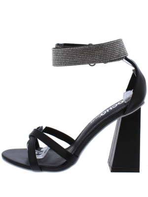 Cancun02 Black Pu Open Toe Sparkle Ankle Strap Angled Heel