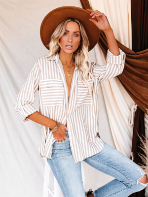 Greenport Cotton Blend Striped Button Down Top - Taupe - Final Sale