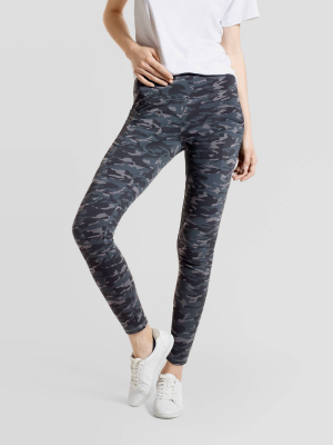 Hue Studio Women's Camo Print Mid-rise Cotton Comfort Cell Phone Side Pocket Leggings - Gray