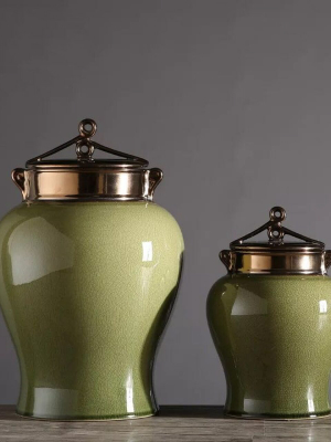 Green Crackle Jar With Bronze Glaze Lid In Two Sizes