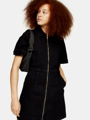 Black Denim Zip Through Short Sleeve Shirt Dress