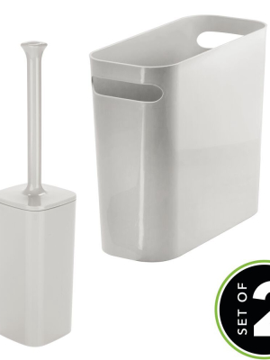 Mdesign 2 Piece Plastic Bathroom Trash Can, Toilet Bowl Brush Set - Light Gray