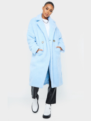 Dusty Blue Borg Lapel Drop Arm Maxi Coat