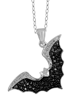 Women's Sterling Silver Accent Round-cut Black Diamond Pave Set Flying Bat Pendant (18")