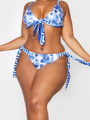 Plus Blue Contrast Print Tie Side Bikini Bottoms