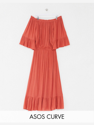 Asos Design Curve Off Shoulder Maxi Dress In Texture Dobby In Rust