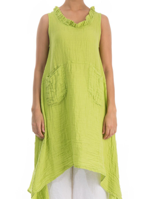 Frilled Sleeveless Lime Linen Tunic - Dress